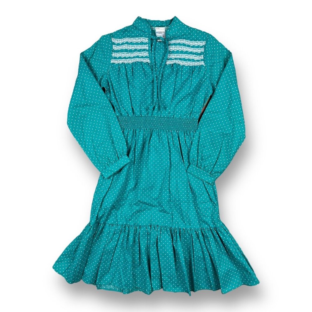 Vintage JC Penny’s Smocked Dress Aqua Polka Dot Ruffle Barbiecore Sz 12 USA
